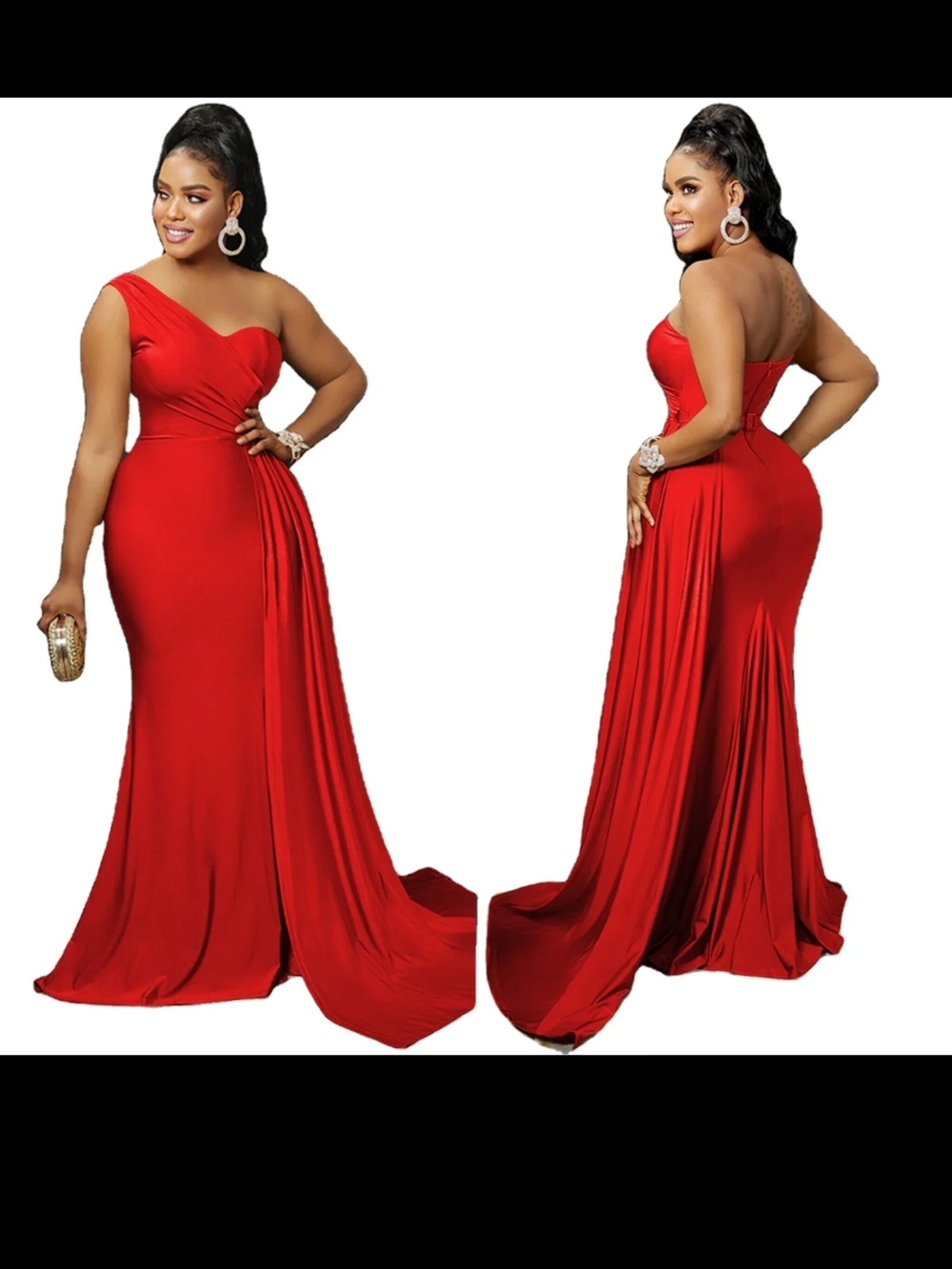 One-Shoulder Red Evening Gown with Draped Train